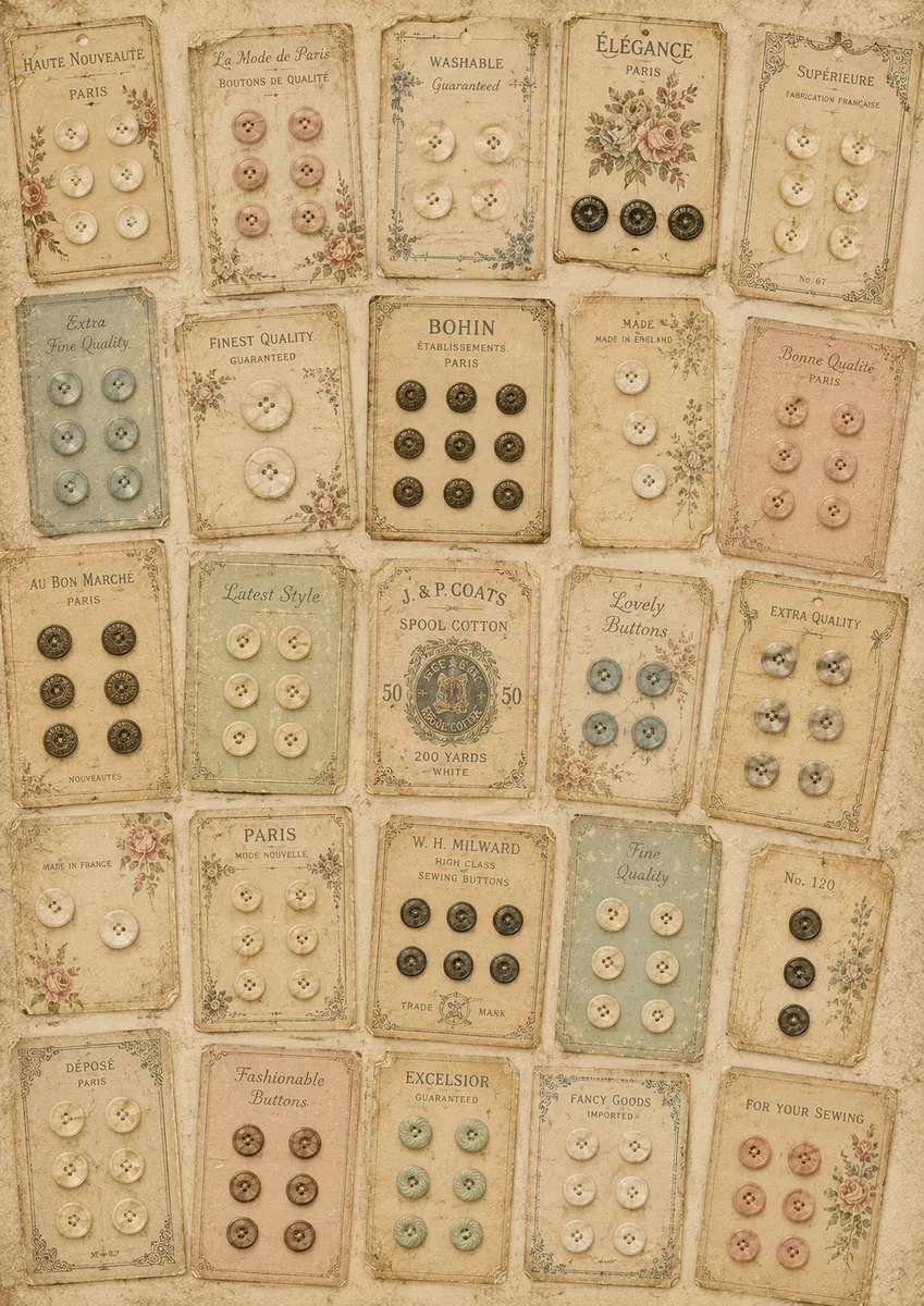 Vintage French button cards with pearl, blue, pink, and antique metal sewing buttons